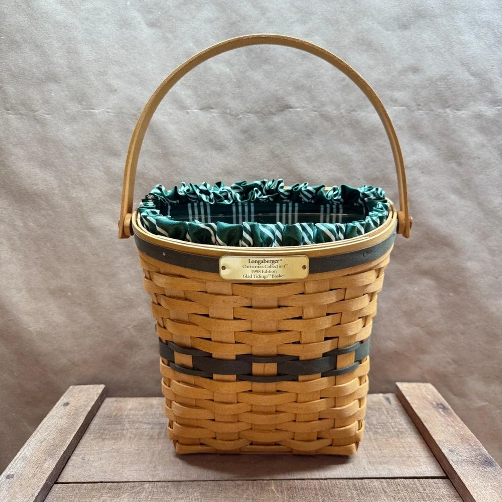 Longaberger 1998 Glad Tidings Christmas Basket Green Liner Protector USA Handle